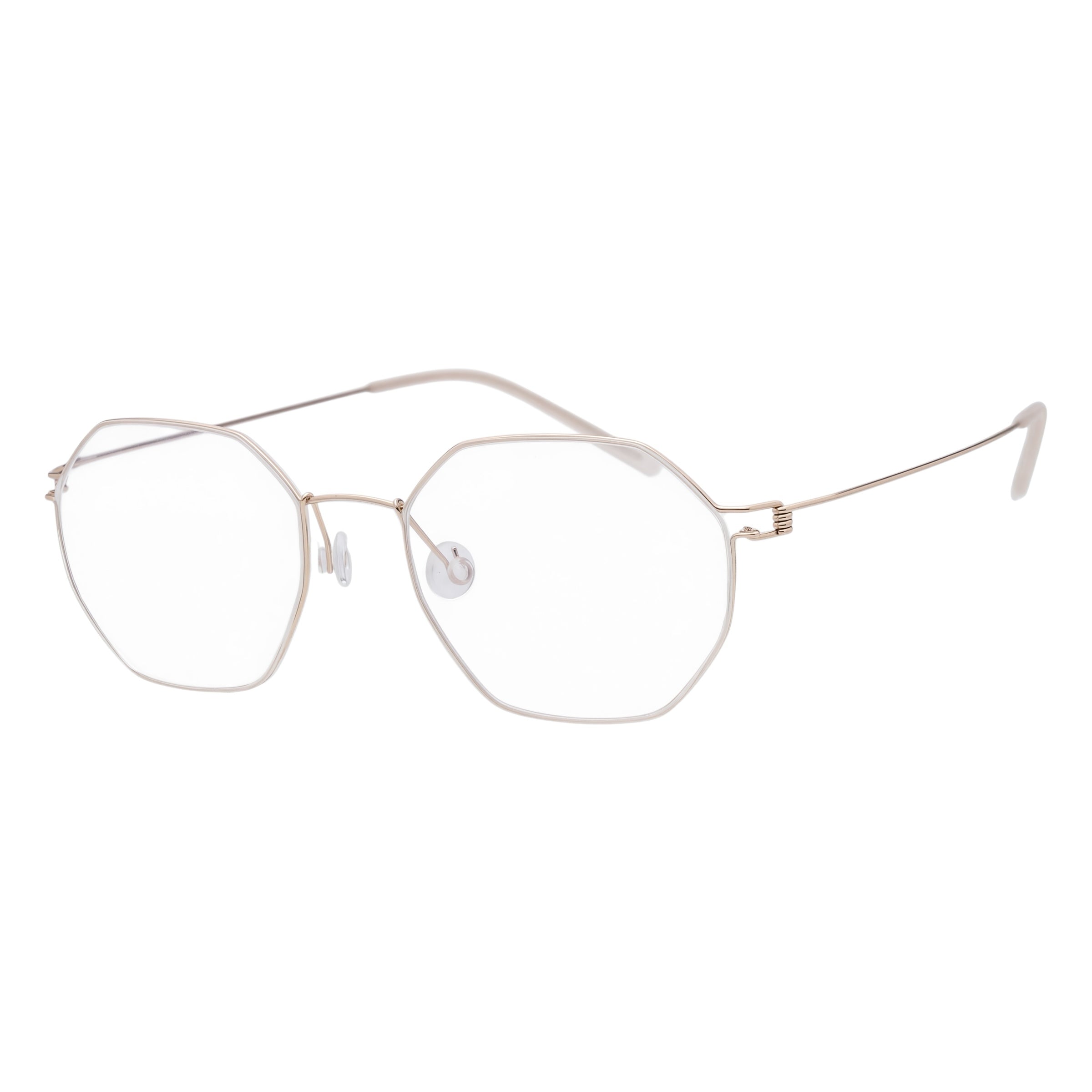 Blick Optical geometric metal eyeglasses with a lightweight, multi-faceted frame design in a polished gold finish.