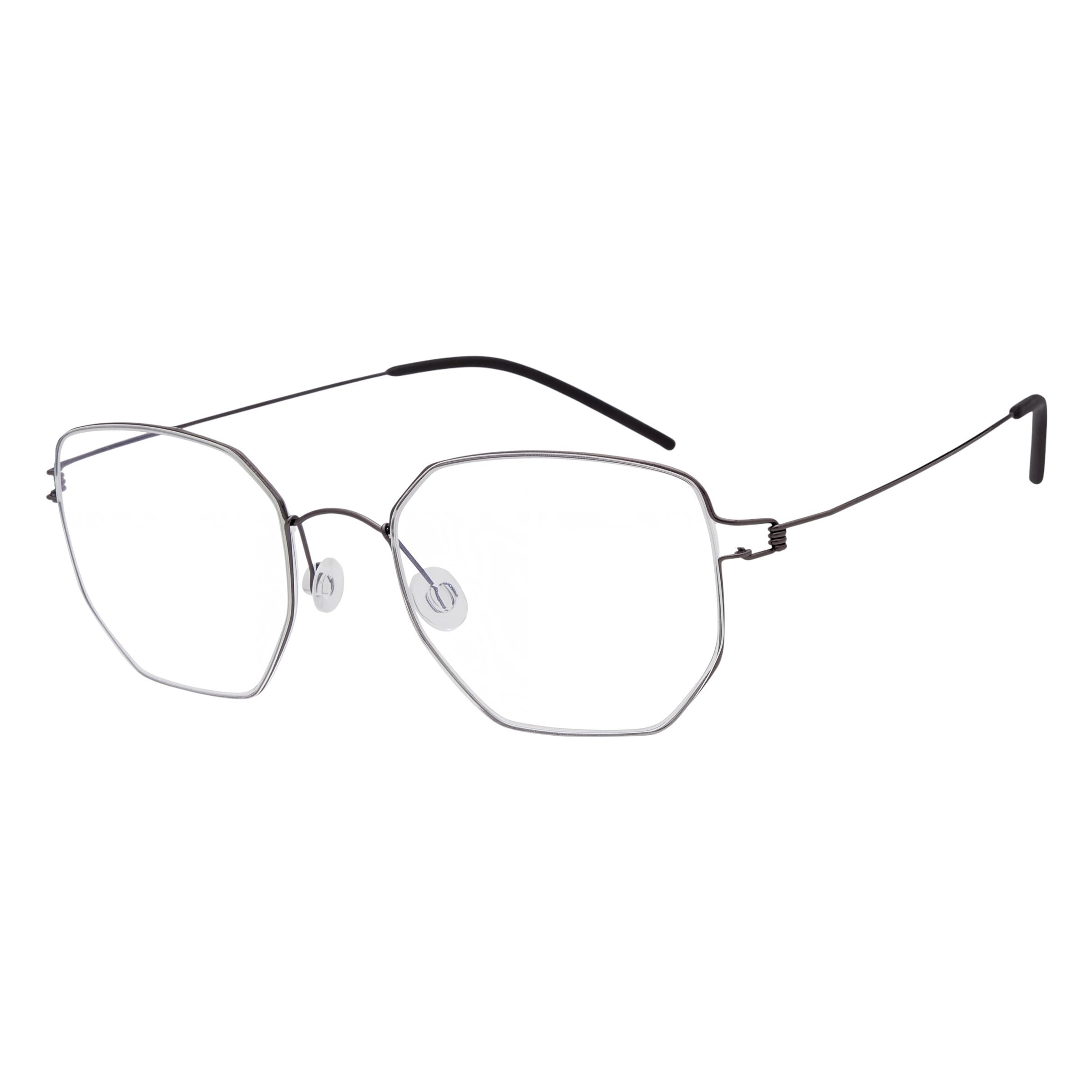 Blick Optical geometric metal frame eyeglasses with a slim, minimalist silver design and adjustable nose pads.