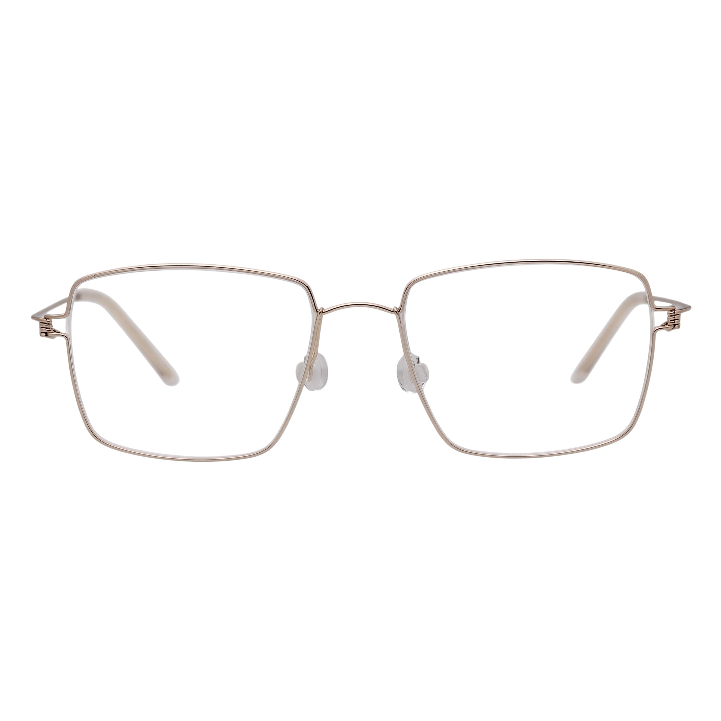 Blick Optical lightweight metal square prescription eyeglasses with thin gold-tone frames and adjustable nose pads.