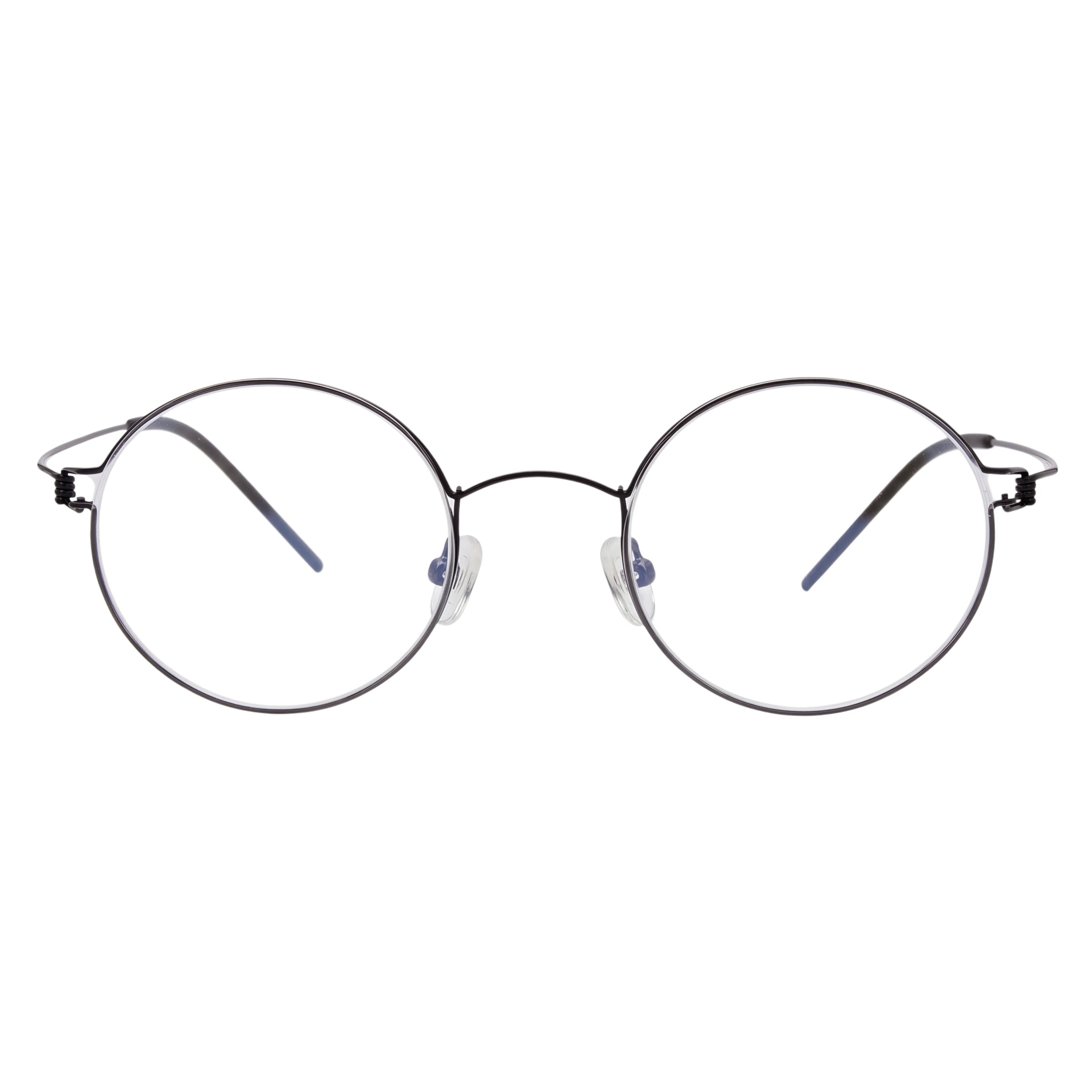Blick Optical round metal frame glasses in matte black with adjustable nose pads and thin ergonomic temples.