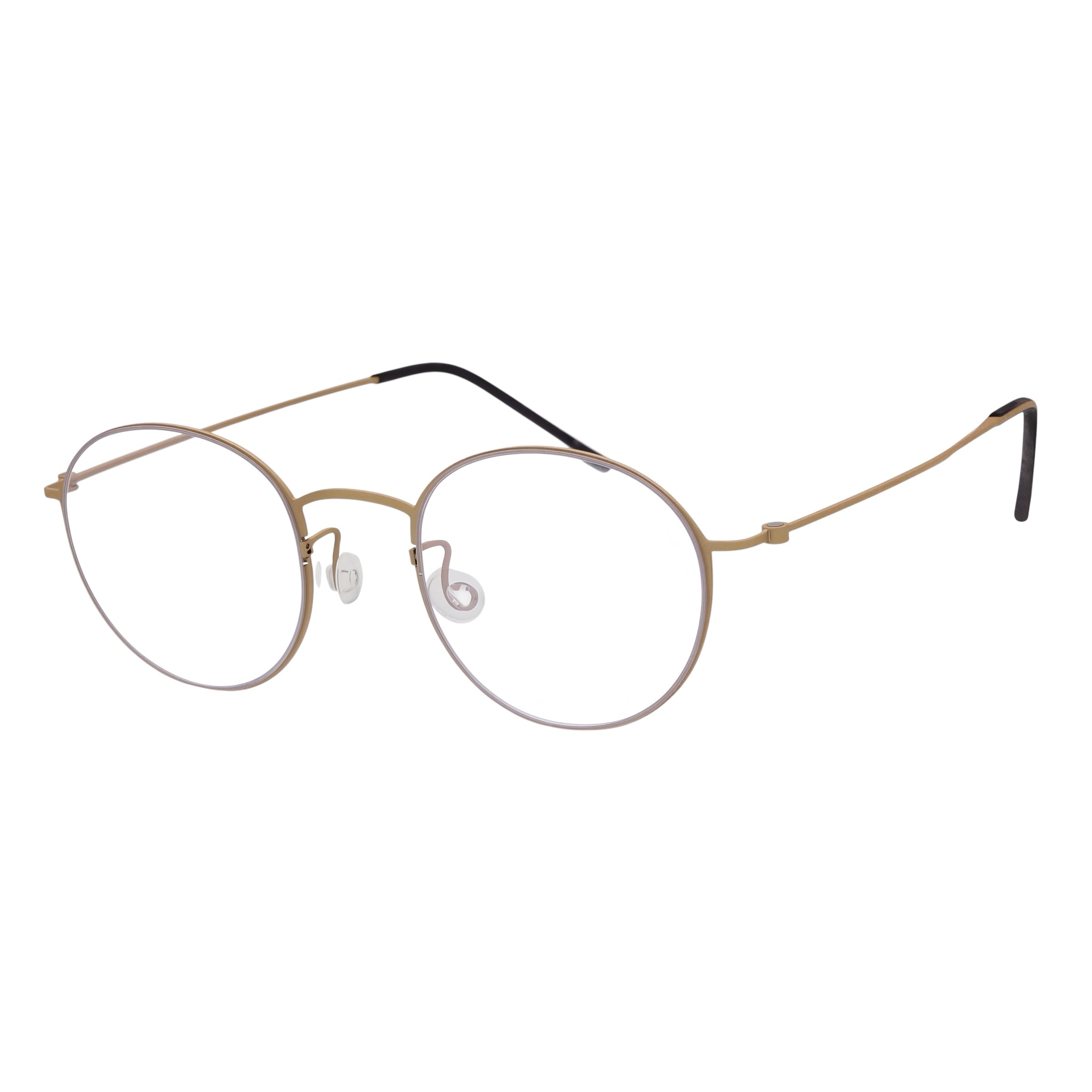 Blick Optical round metal frame glasses in brushed gold with slim temples and adjustable nose pads.