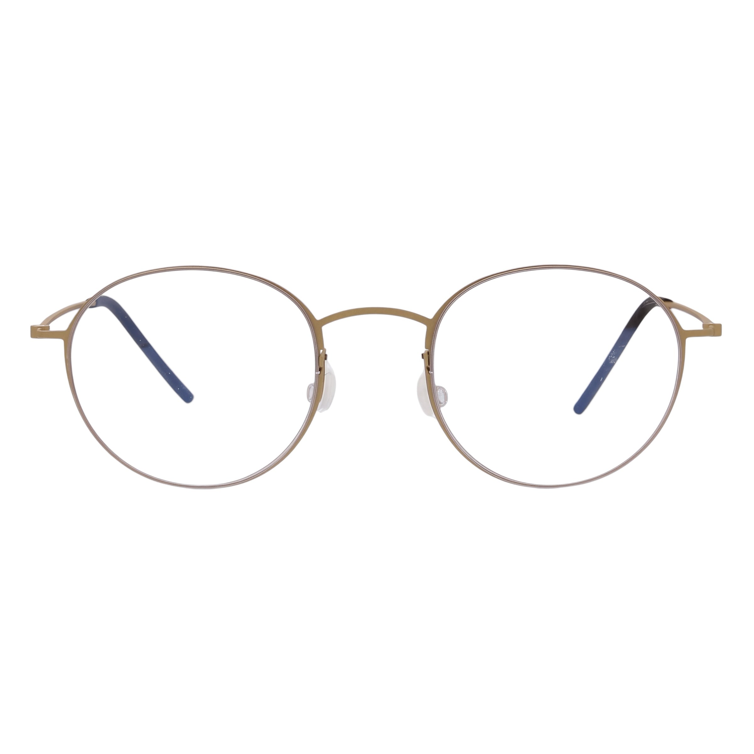 Blick Optical round metal frame glasses in brushed gold with slim temples and adjustable nose pads.