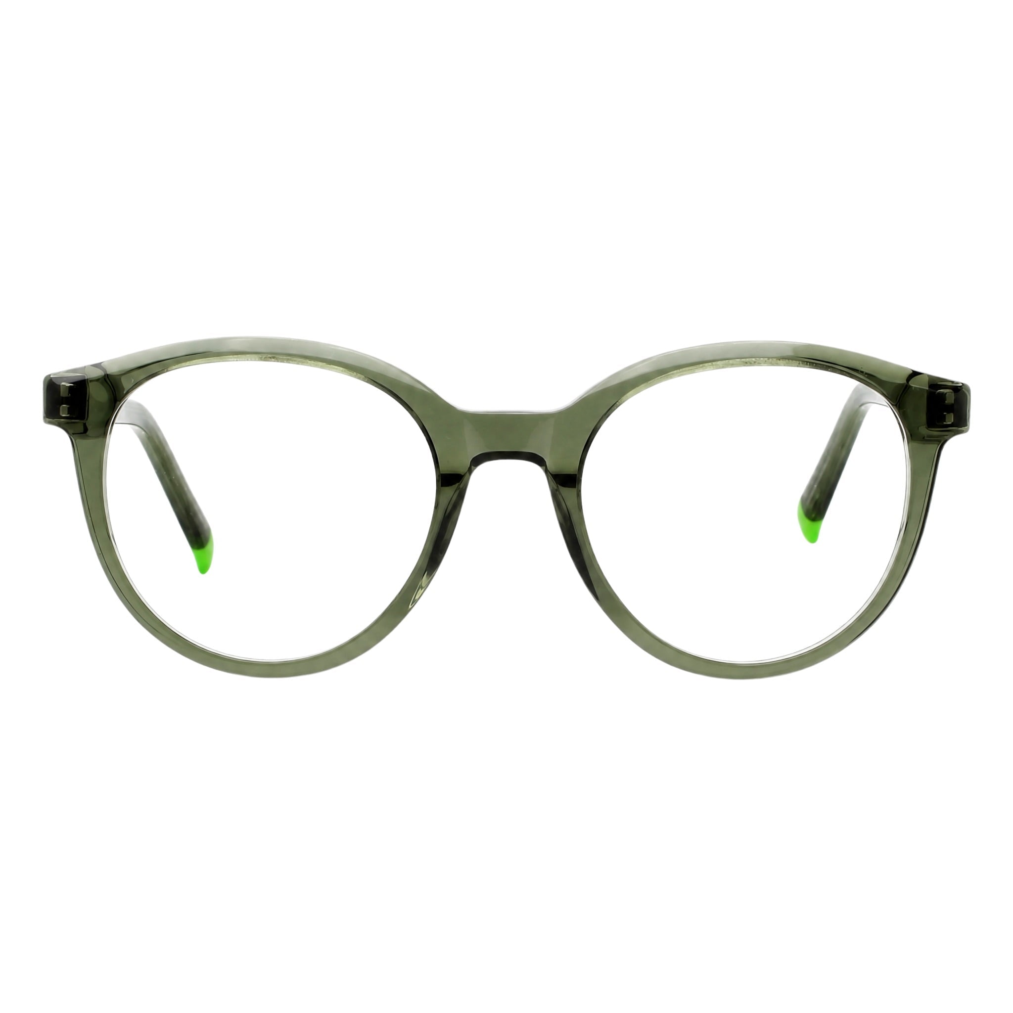 Blick Optical round eyeglasses featuring a translucent olive green frame with vibrant lime green temple tips.
