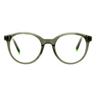 Blick Optical round eyeglasses featuring a translucent olive green frame with vibrant lime green temple tips.
