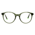 Blick Optical round eyeglasses featuring a translucent olive green frame with vibrant lime green temple tips.