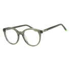 Blick Optical round eyeglasses with a translucent olive green frame and lime green temple tips.
