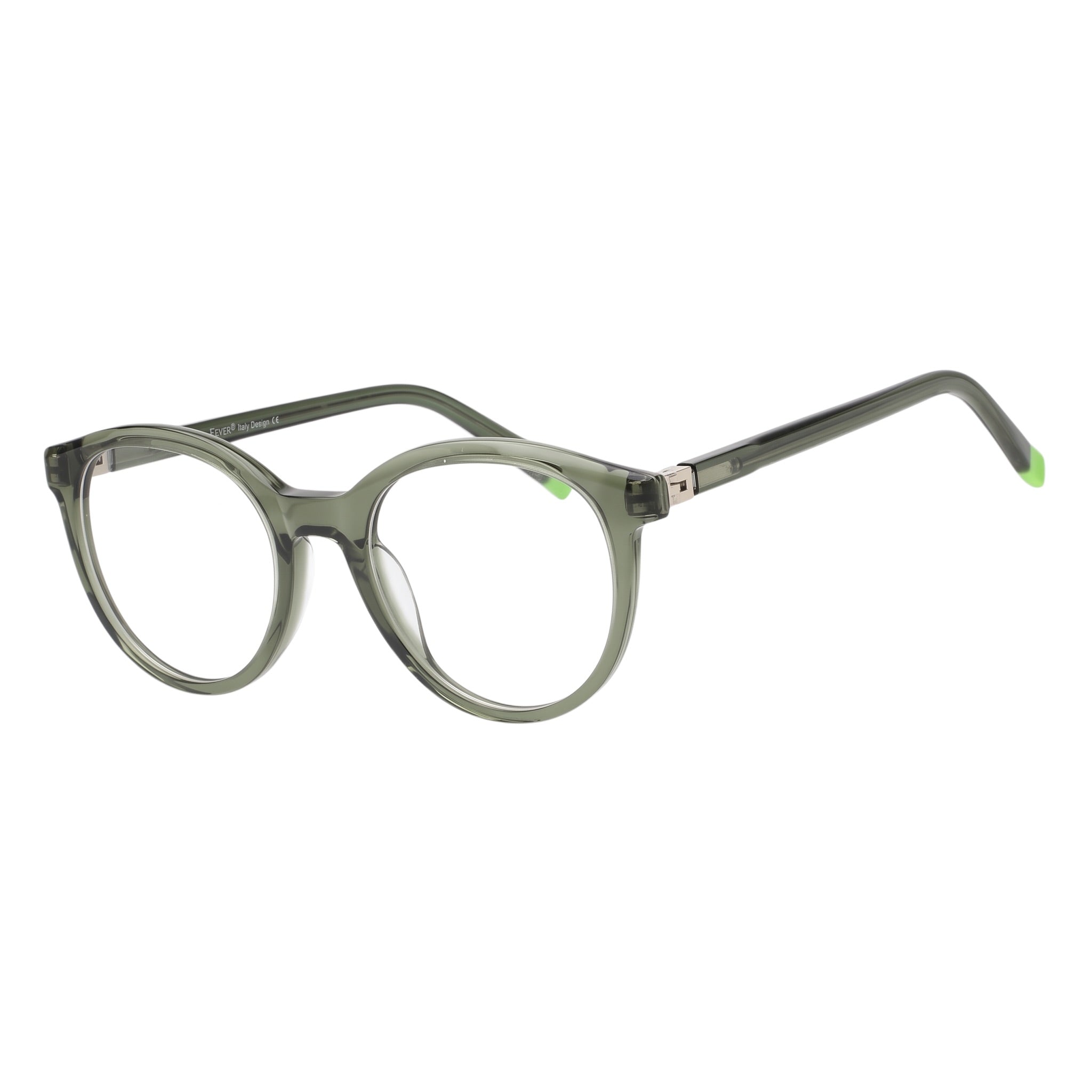 Blick Optical round eyeglasses with a translucent olive green frame and lime green temple tips.