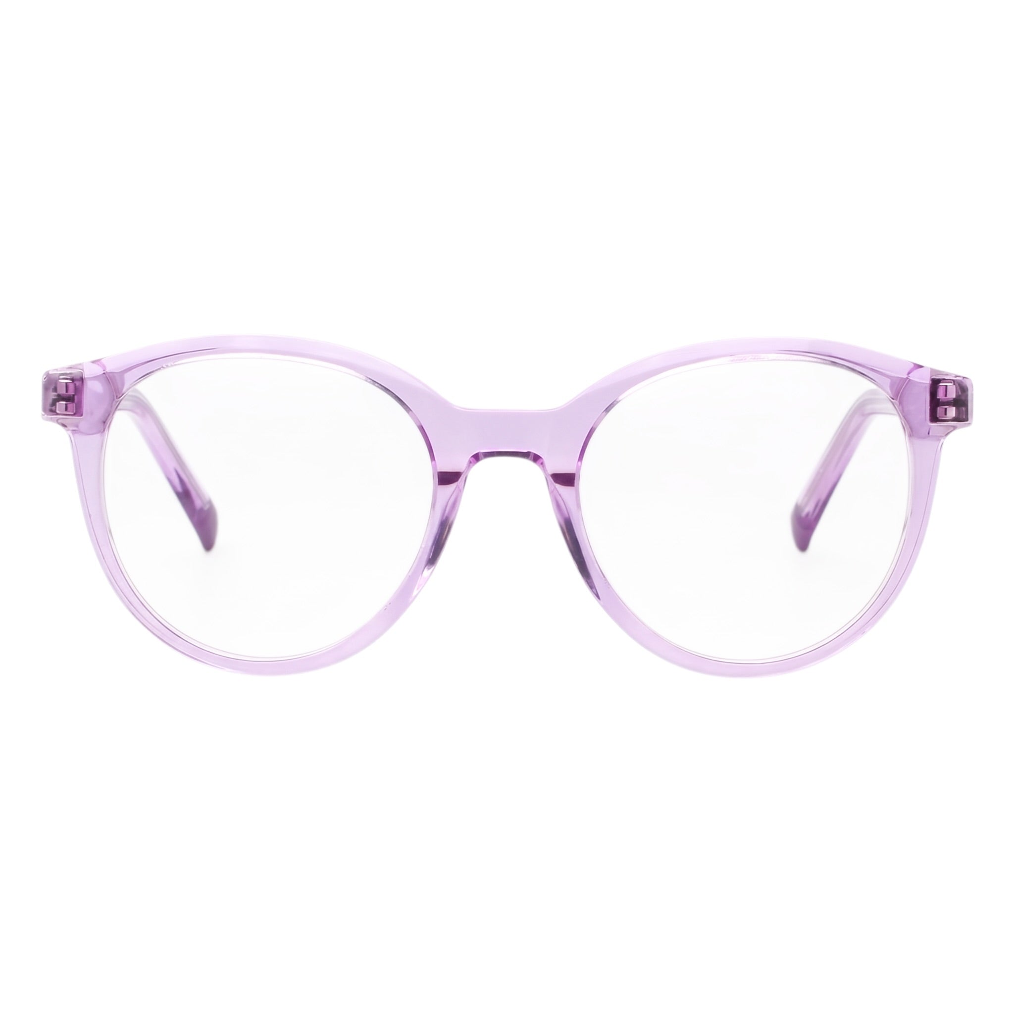 Blick Optical classic round eyeglasses in translucent purple acetate with a polished finish for a stylish look.